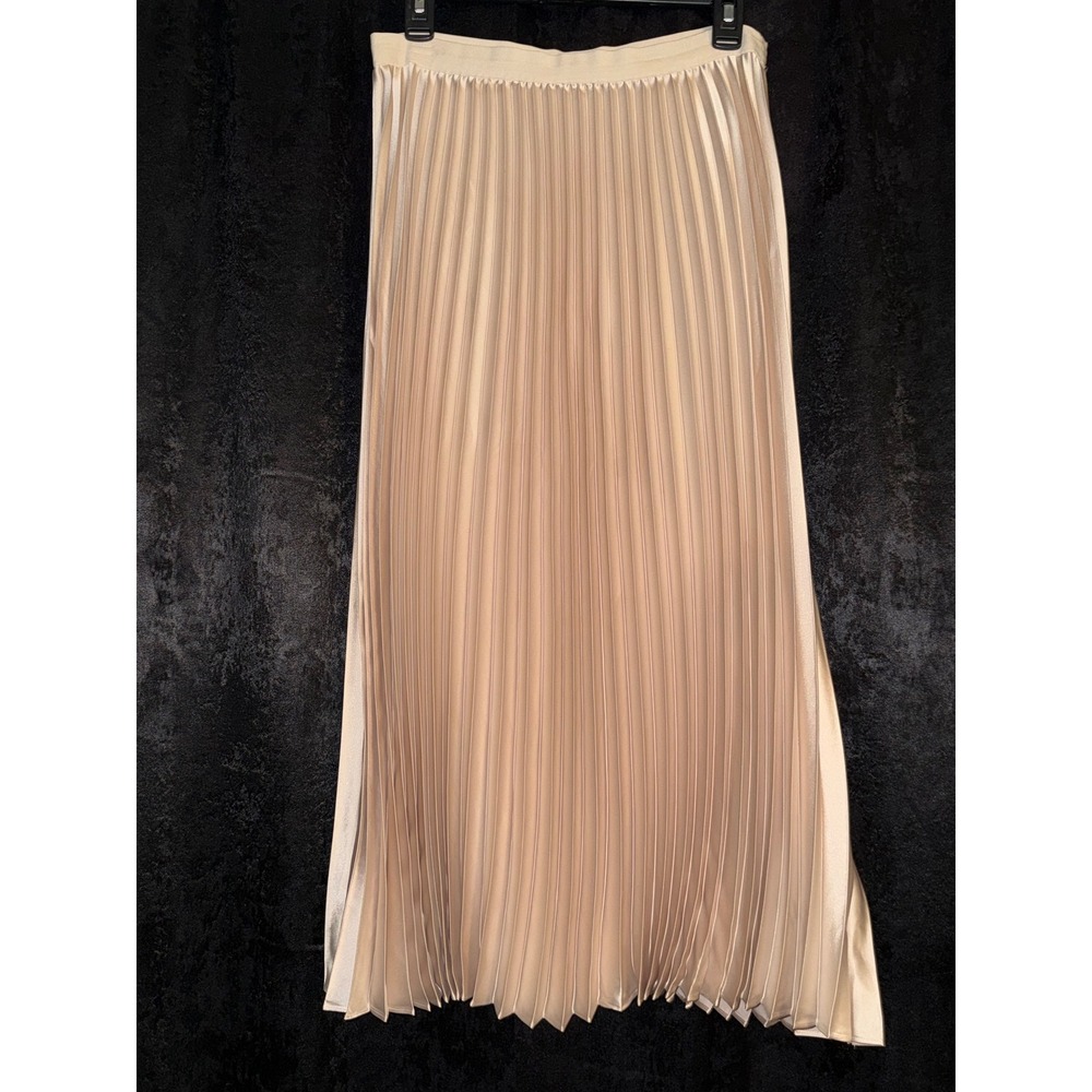 Rachel Zoe Champagne Beige Satin Pleated Maxi Skirt Large High Waist Accordion